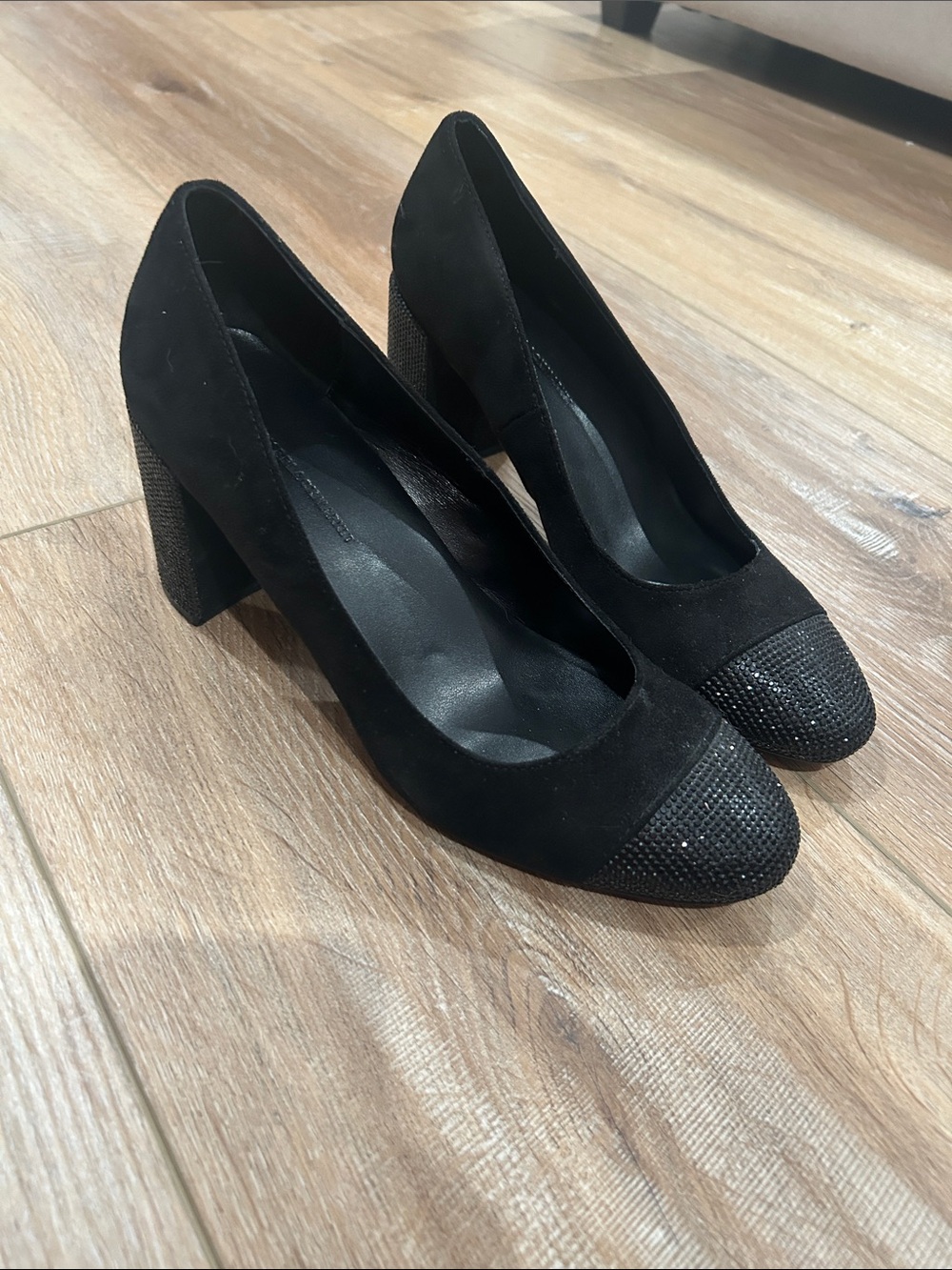Black Suede Block Heel Pumps with Embellished Toe